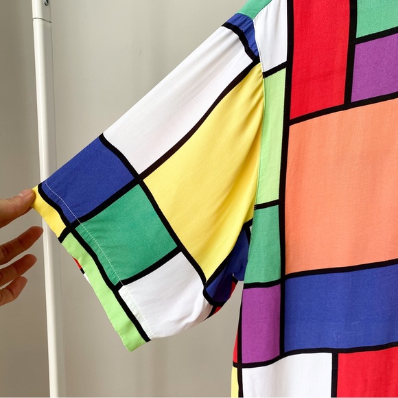 80s Vintage Colourful Geometric Print Mondrian Short Sleeves Button Down Shirt - Picture 5 of 8